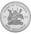 // 2000 şilingi  pictat  placat cu argint  Uganda  2006 // - Pe această monedă pictată apare leopardul  animalul din Africa ameninţat cu dispariţie. Inscripţia monedei „Protecţia faunei africane” ne atrage atenţia asupra acestei specii pe cale de dispariţ