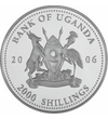 // 2000 şilingi  pictat  placat cu argint  Uganda  2006 // - Pe această monedă pictată apare gorila de munte  animalul din Africa ameninţat cu dispariţie. Inscripţia monedei „Protecţia faunei africane” ne atrage atenţia asupra acestei specii pe cale de di