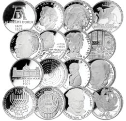 // 16 x 5 mărci, argint de 625/1000, Germania, 1970-1979 // - Germania de Vest a emis monede comemorative de 5 mărci începând din anul 1952. În primii ani, aceste monede au conţinut 7 grame de argint. Din anul 1975, conţinutul de argint a fost redus, iar