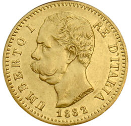  20 de lire, aur, Umberto I, 1879-97, Italia