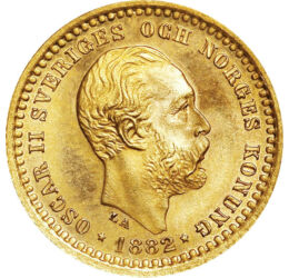 5 coroane, Regele Oscar al II-lea, , aur de 900/1000, 2,24 g, Suedia, 1881-1901
