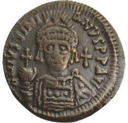 follis, replică, Iustinian I, cupru, zinc, 14,40 g, Imperiul Bizantin, ND