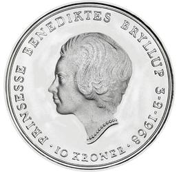 10 coroane, Portretul prinţesei Benedikte, val. nom., argint de 800/1000, 20,5 g, Danemarca, 1968