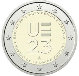 2 euro, UE 23 inscripţie, stele, cupru, nichel, 8,5 g, Spania, 2023