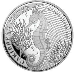 1 dolar, Căluţ de mare, recife de corali, , argint de 999/1000, 31,1 g, Barbados, 2023