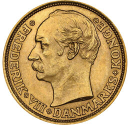 10 coroane, Frederic al VIII-lea, aur de 900/1000, 4,4803 g, Danemarca, 1908-1909