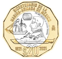 20 peso, Locotenentul Miranda,nave,,val.nom., cupru, nichel, 12,67 g, Mexic, 2021