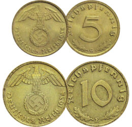 2x1, 2, 2x5, 2x10, 2x50 pfennig, 1, 2, 5 mărci, ,  , 0, Al Treilea Reich, 1933-1945