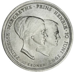 10 coroane, Margareta a II-a, prinţul Henrik, argint de 800/1000, 20,5 g, Danemarca, 1967