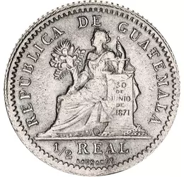 1/2 real, Iusticia, cornul abundenţei, val.nom., argint de 835/1000, 1,55 g, Guatemala, 1894-1897