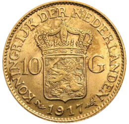 10 guldeni, Stemă, , ţara emitentă, aur de 900/1000, 6,7290 g, Olanda, 1911-1917