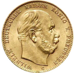 10 mărci, Portretul împăratului Wilhelm I, aur de 900/1000, 3,98 g, Imperiul German, 1872-1873