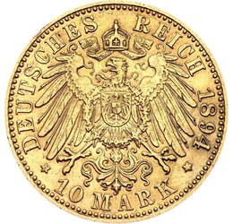 10 mărci, Portretul împăratului Wilhelm al II-lea, aur de 900/1000, 3,98 g, Imperiul German, 1890-1912