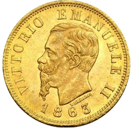  10 lire, Stemă, Au, 1863-1865, Italia