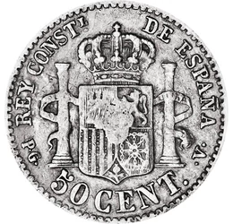 50 centimo, Alfonso al XIII-lea al Spaniei, , argint de 835/1000, 2,5 g, Spania, 1894