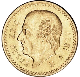Luptătorul libertăţii mexicane, 10 peso, aur, Mexic, 1905-1959