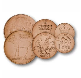 1, 2, 5, 10, 25, 50 öre, 1 coroană, ,  , 0, Norvegia, 1958-1973