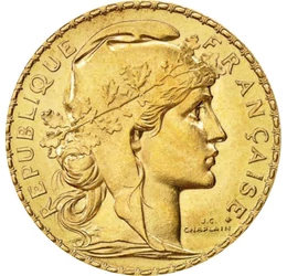20 franci, Marianne, purtând boneta frigiană, aur de 900/1000, 6,45 g, Franţa, 1899-1914