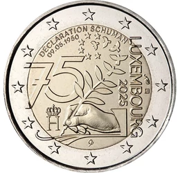 2 euro, 75 de ani de la Declaraţia Schuman, cupru, nichel, 8,5 g, Luxemburg, 2025