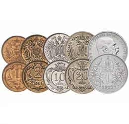 1, 2, 10, 20 helleri, 1 coroană, , cupru, nichel, aluminiu, , Monarhia Austro-Ungară, 1892-1916