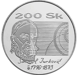 200 coroane, Stemă, motiv circular cu spice de porumb, argint de 750/1000, 20 g, Slovacia, 1996