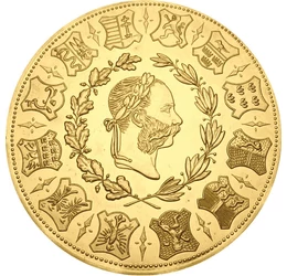 4 ducaţi, replică, Francisc Iosif I, 12 steme, cupru, nichel, placat cu aur, 24 g, Monarhia Austro-Ungară, piesa originală: 1873