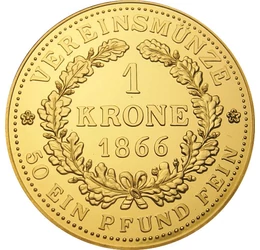 1 coroană, replică, Francisc Josif, semnul monetăriei, cupru, nichel, placat cu aur, 11,4 g, Monarhia Austro-Ungară, piesa originală: 1866