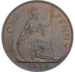 1 penny, Britannia cu scut, val. nom., , cupru, nichel, 9,45 g, Marea Britanie, 1937-1948