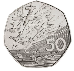 50 pence, Debarcarea din Normandia, val. nom., cupru, nichel, 13,5 g, Marea Britanie, 1994
