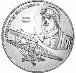 // medalie placată cu argint, Aurel Vlaicu, calitate proof, România,  // Aurel Vlaicu, inginer şi inventator, pionier al aviaţiei române. Între anii 1909-1911 a construit două avioane Vlaicu I şi Vlaicu II, cu al doilea a câştigat cinci premii la mitingul