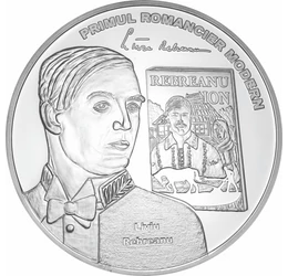 // medalie placată cu argint, Liviu Rebreanu, calitate proof, România,  // Prozator, romancier, dramaturg, ctitor al romanului românesc modern, membru al Academiei Române. Medalia înfăţişează romanul „Ion”, cel mai frumos roman românesc. 