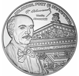 // medalie placată cu argint, Vasile Alecsandri, calitate proof, România,  // Poet, scriitor cu o bogată activitate literară, autor al Pastelurilor al Doinelor şi lăcrămioarelor. A fost creator al teatrului românesc şi a literaturii dramatice în România. 