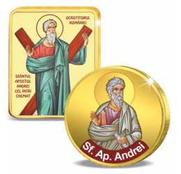// medalie; 50 cenţi, Sfântul Apostol Andrei - monedă şi medalie pictată, în set, CuNi, România, UE, 2002-2018 // Sf. Apostol Andrei a fost printre primii ucenici ai lui Hristos. După Pogorârea Sfântului Duh, prin tragere la sorţi, Apostolii au primit ter