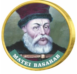 // 50 cenţi, Matei Basarab, monedă, CuNi, UE, 2002-2019 // Matei Basarab a fost domnitor al Ţării Româneşti între anii 1632 şi 1654. Ca protector al vieţii spirituale a românilor, atât a celei religioase cât şi a celei culturale, a ridicat din temelie 46 