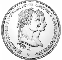 // un gulden, replică, Logodna regală - un gulden, replică , placată cu argint, originalul: Imperiul Austriac, 1854,  // Împăratul Francisc I a cunoscut-o pe prinţesa Elisabeta în anul 1853, după scurt timp a logodit-o şi pe 24 aprilie 1854 la biserica Au