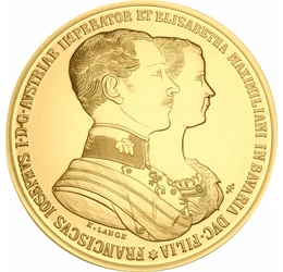 // medalie jubiliară, replică, Nunta regală - medalie jubiliară, replică, placată cu aur, originalul: Imperiul Austriac, 1854,  // Cu ocazia nunţii a apărut şi medalia splendidă de aur cu greutatea de 35 de ducaţi, adică 122,33 g. Medaliile au fost oferit