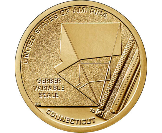 // 1 dolar, SUA, 2020 // - Scala variabilă Gerber este un instrument des utilizat de către ingineri şi arhitecţi încă din anii 1950. Moneda statului Connecticut – parte a colecţiei „Inovatori americani” – îl prezintă pe Joseph Gerber cu invenţia lui revol
