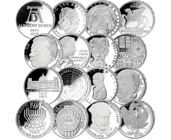 // 16 x 5 mărci, argint de 625/1000, Germania, 1970-1979 // - Germania de Vest a emis monede comemorative de 5 mărci începând din anul 1952. În primii ani, aceste monede au conţinut 7 grame de argint. Din anul 1975, conţinutul de argint a fost redus, iar