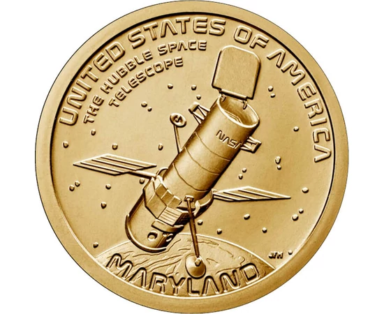 // 1 dolar, SUA, 2020 // - Pe noua monedă din colecţia „Inovatori americani” care ne prezintă invenţiile memorabile apare telescopul spaţial Hubble, mândria statului Maryland. Telescopul transmite date despre creşterea galaxiilor, planetele din afara sist