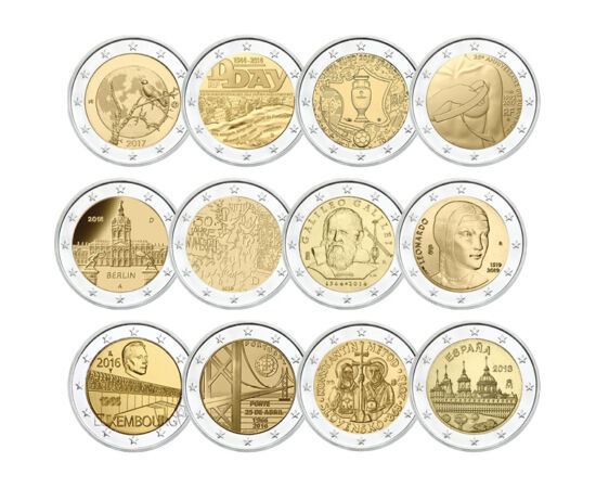 // 12x2 euro, Uniunea Europeană, 2002-2020 // - Ţările din zona euro pot emite doar două monede comemorative de 2 euro pe an. Aversul acestora sunt identice cu monedele obişnuite de 2 euro, dar partea naţională comemorează aniversări sau prezintă atracţii