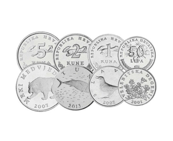 1, 2, 5, 10, 20, 50 lipa, 1, 2, 5 kuna, ,  , 0, Croaţia, 1993-2019