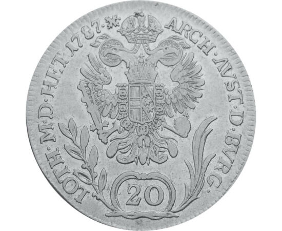 20 creiţari, Portretul lui Iosif al II-lea, argint de 583/1000, 6,68 g, Imperiul Habsburgic, 1781-1790