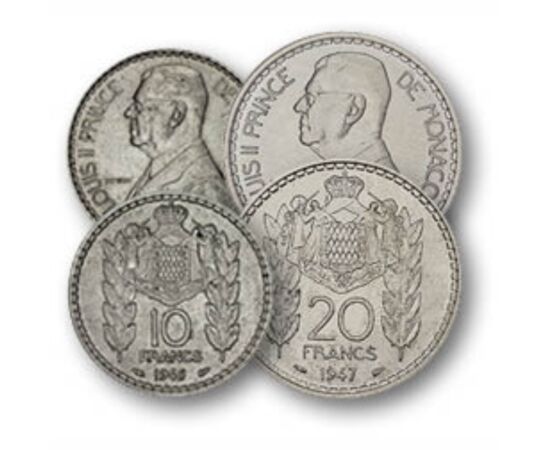 1, 2, 5, 10, 20 franci, ,  , 0, Monaco, 1943-1947