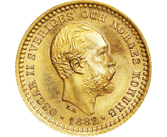 5 coroane, Regele Oscar al II-lea, , aur de 900/1000, 2,24 g, Suedia, 1881-1901