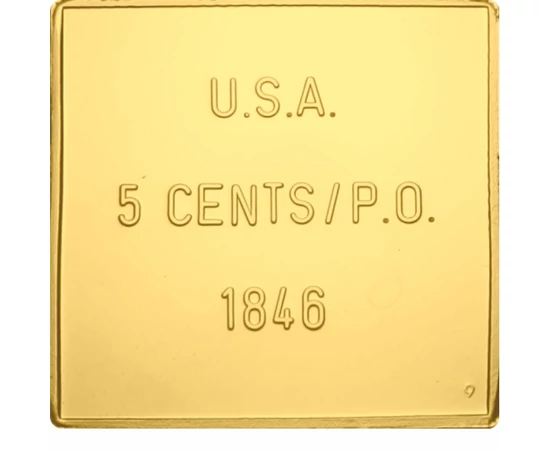 Thomas Jefferson, SUA 5 cenţi, 1846, medalie-timbru placată cu aur