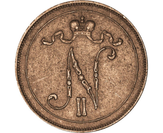 10 pennia, Monograma lui Nicolae al II-lea, cupru, 12,8 g, Finlanda, 1914-1917