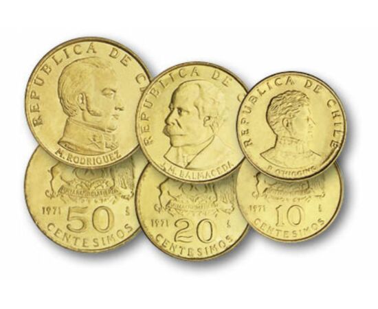 10, 20, 50 centesimo, 1, 5 escudo, ,  , 0, Chile, 1971-1972