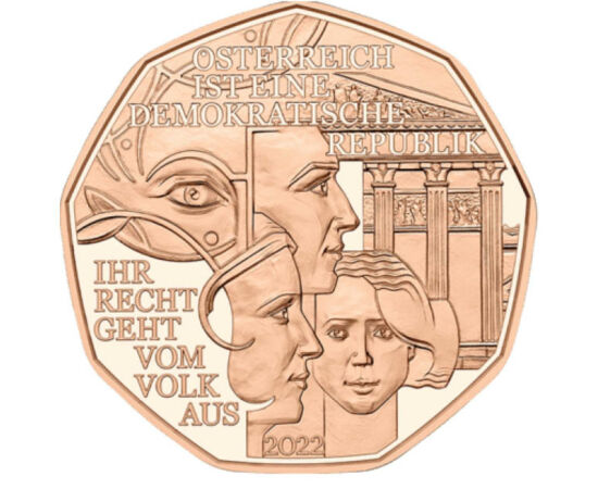 5 euro, Parelmentul austriac, reprez. alegorică, cupru, 8,9 g, Austria, 2022