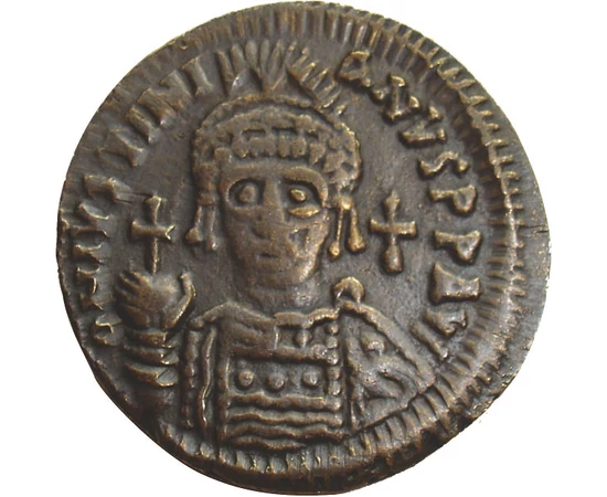 follis, replică, Iustinian I, cupru, zinc, 14,40 g, Imperiul Bizantin