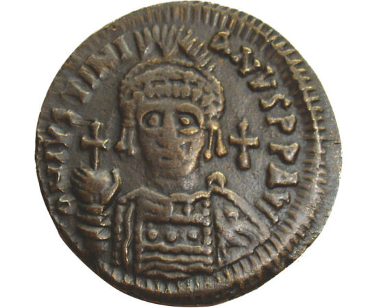 follis, replică, Iustinian I, cupru, zinc, 14,40 g, Imperiul Bizantin, ND